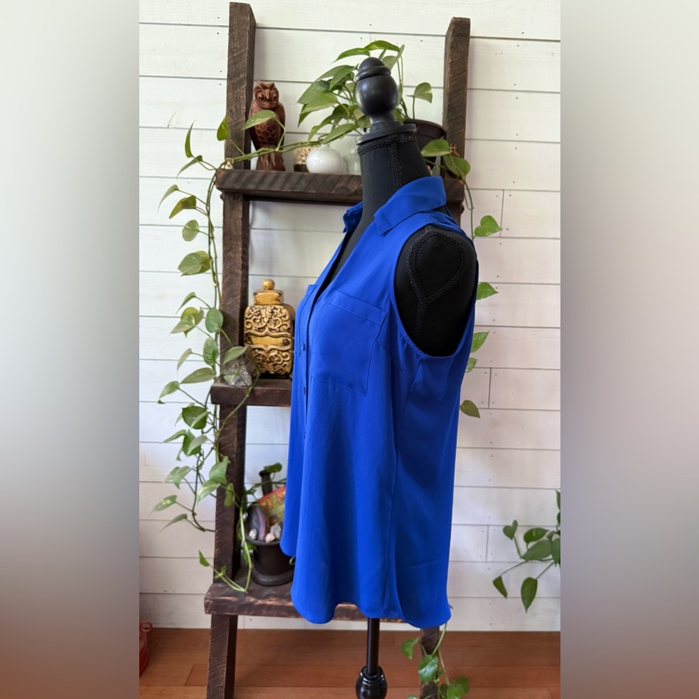 Express: Blue Sleeveless Button-Up Blouse with Cold Shoulder Back - Picture 4 of 17